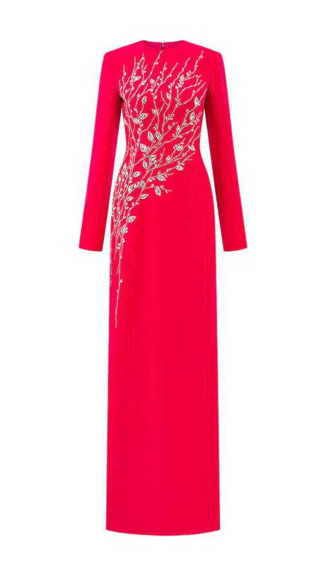 Red Padded Shoulder Crystal Embellished Maxi Dress