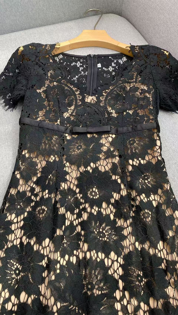 AIIZIE Imelda Black Lace Midi Dress | Elegant V-Neck Cocktail & Party Dress for Women - product image