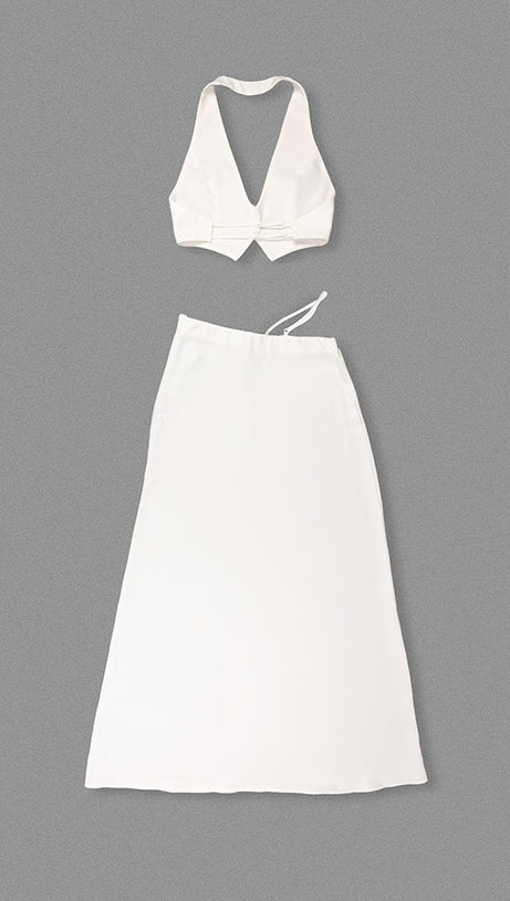 SILK CROP TOP MAXI SKIRTS 2 PIECES SETS IN WHITE