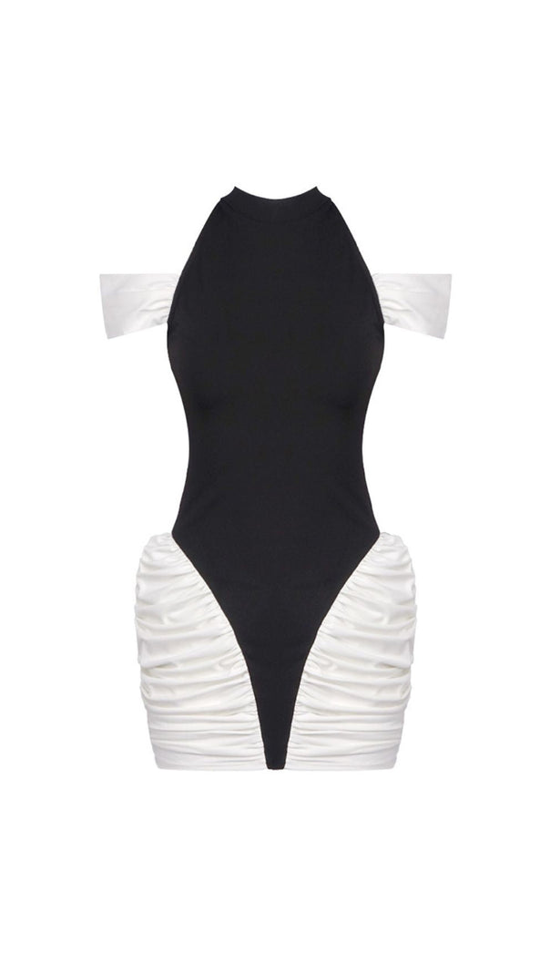 AIIZIE HESPERIA HALTER RUCHED MINI DRESS - TWO-TONE BODYCON GLAMOUR - product image