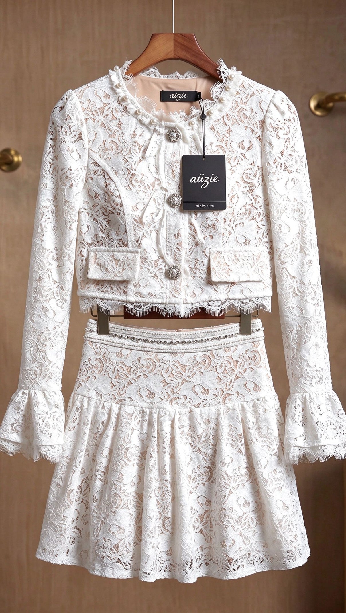 White Floral Corded Lace Fitted Cropped Jacket with Flared Mini Skirt Two-Piece Set