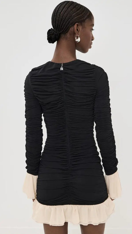 RUCHED LONG-SLEEVE MINI DRESS IN BLACK