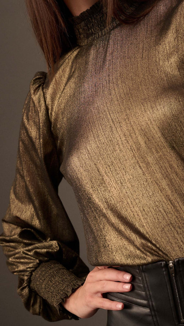 AIIZIE GOLDEN AGE METALLIC BISHOP-SLEEVE MOCK NECK TOP - product image