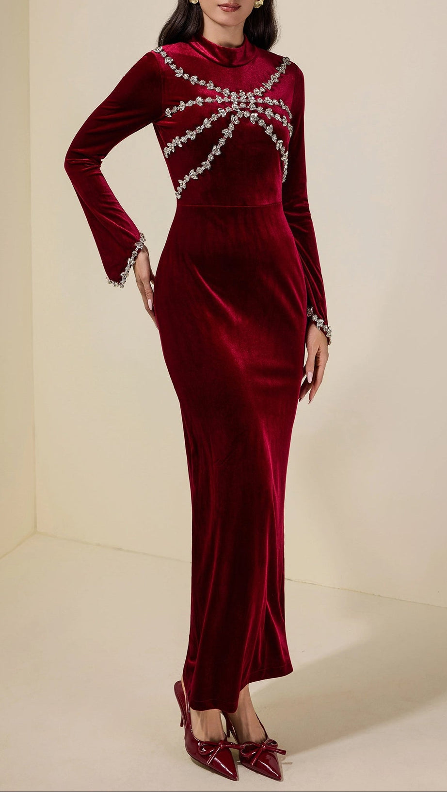 hilary Velvet Rhinestone Long Sleeve Maxi Dress - burgundy