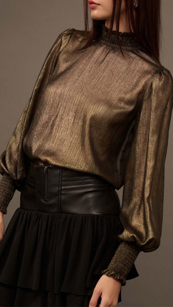 AIIZIE GOLDEN AGE METALLIC BISHOP-SLEEVE MOCK NECK TOP - product image