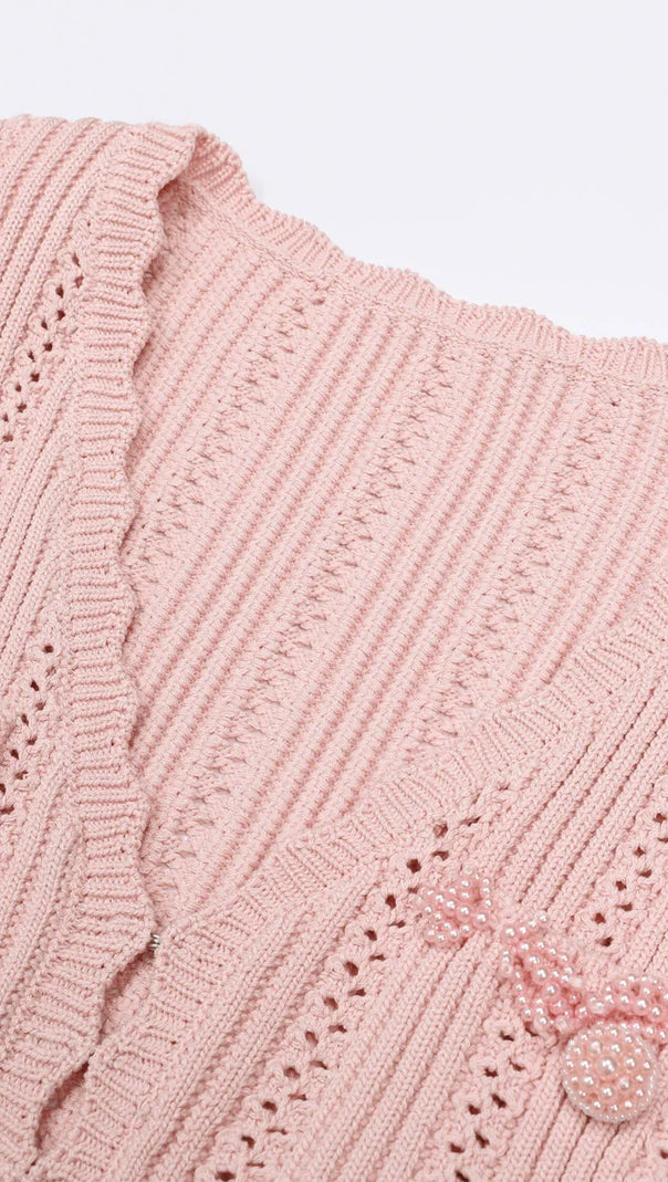 AIIZIE Elegant Pink Beaded Knit Mini Dress | Long Sleeve & Flattering Fit - product image