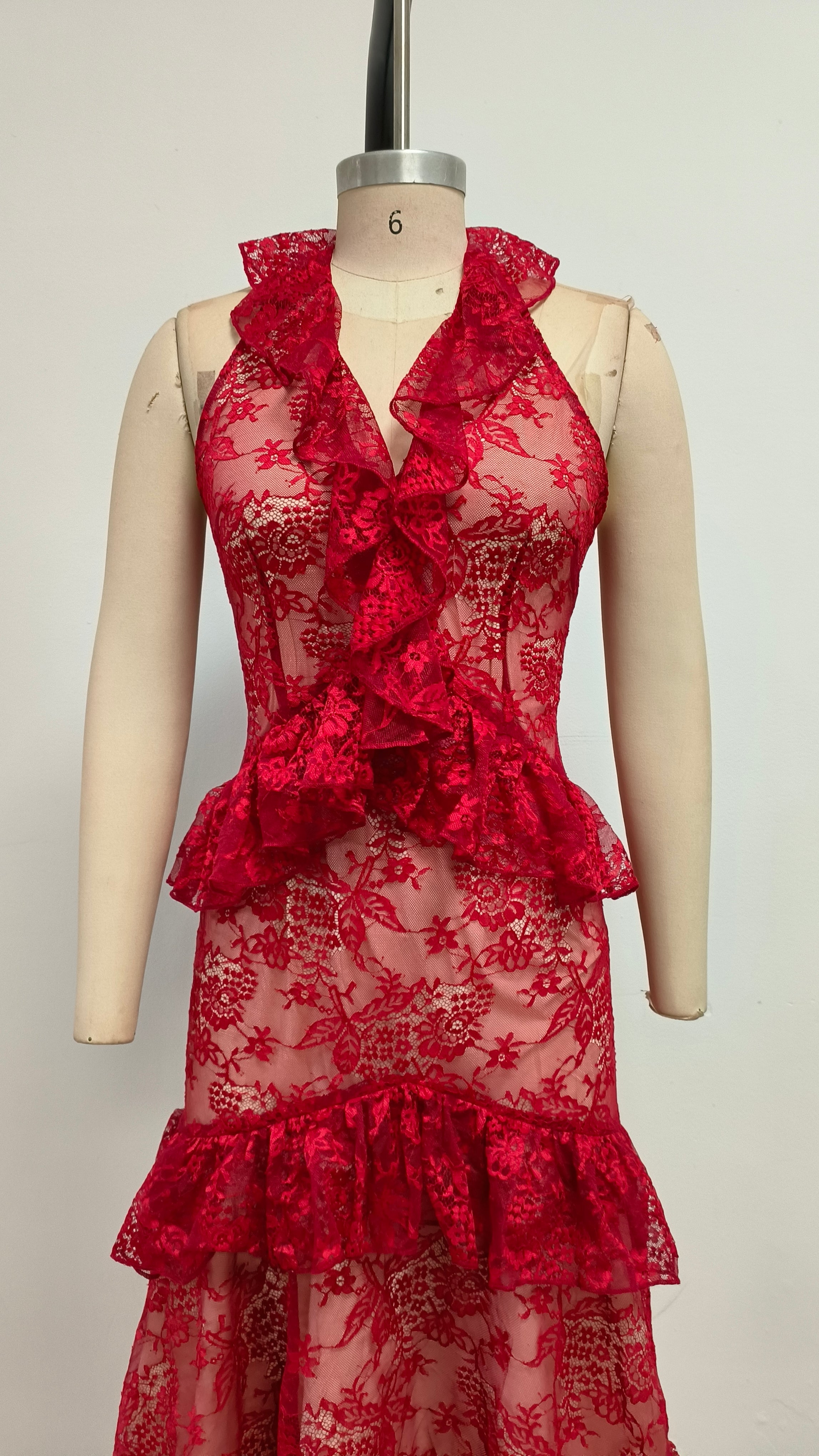 BACKLESS LACE RUFFLED HALTER NECK RED MIDI DRESS