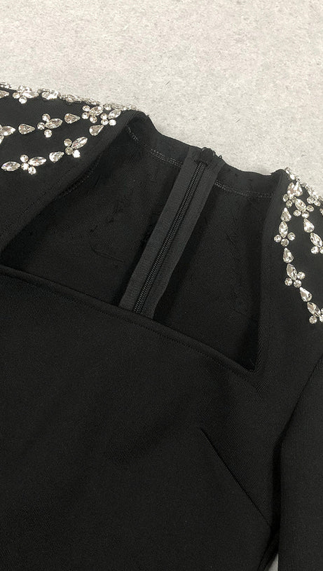 CRYSTAL-EMBELLISHED BLACK LONG SLEEVE MAXI DRESS