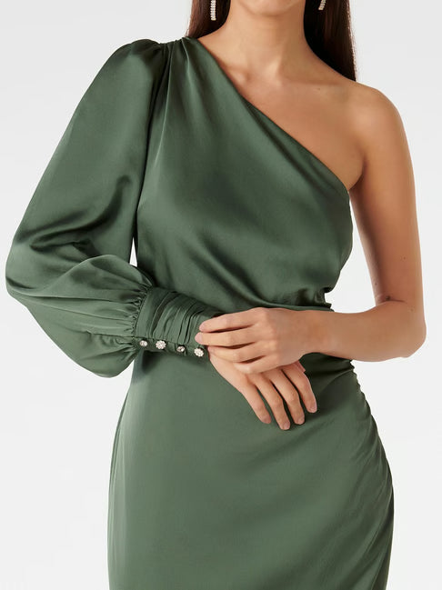 ONE-SHOULDER LONG SLEEVE MIDI DRESS IN GREEN