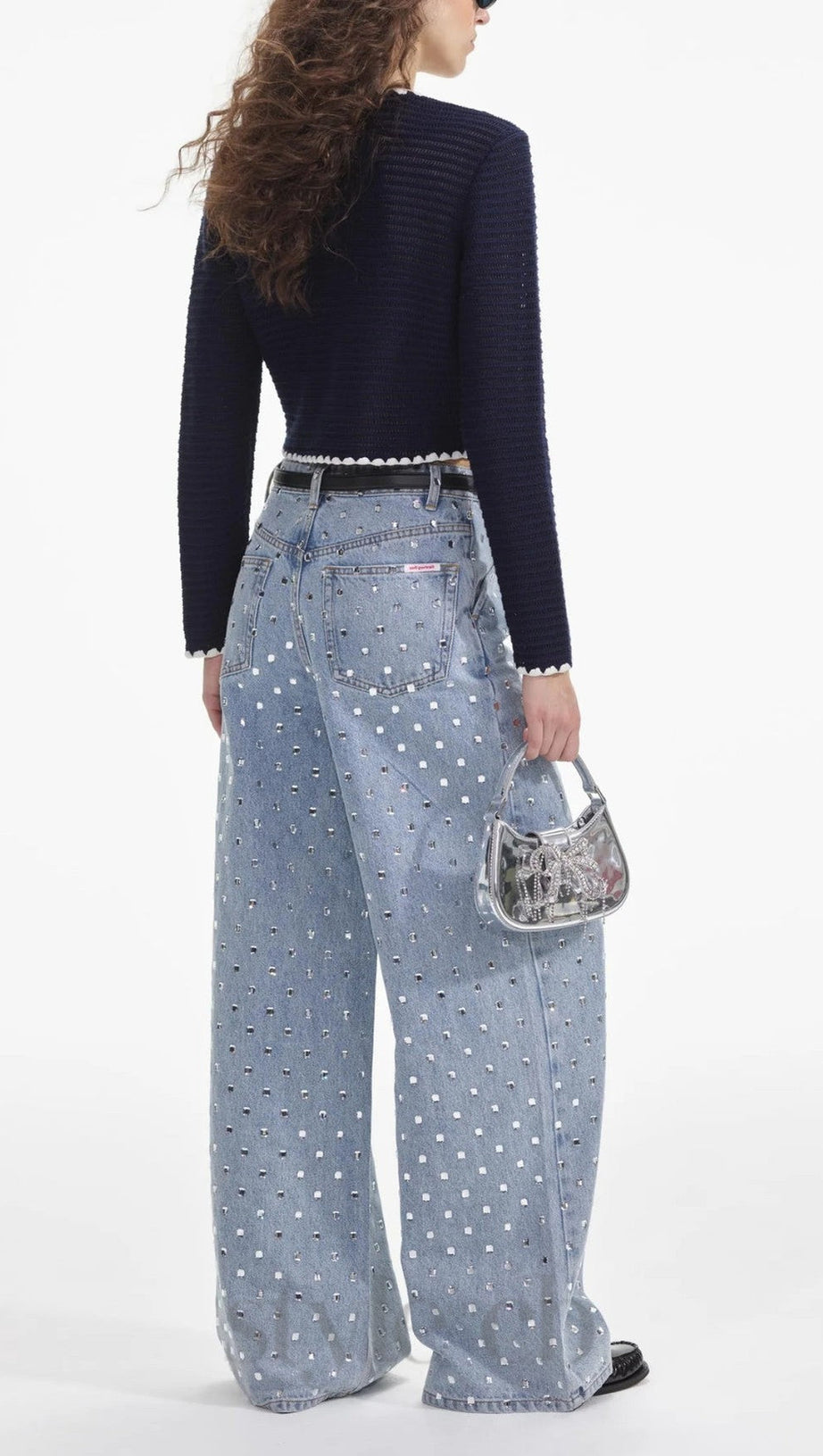 NAVY CROCHET CONTRAST TRIM CARDIGAN