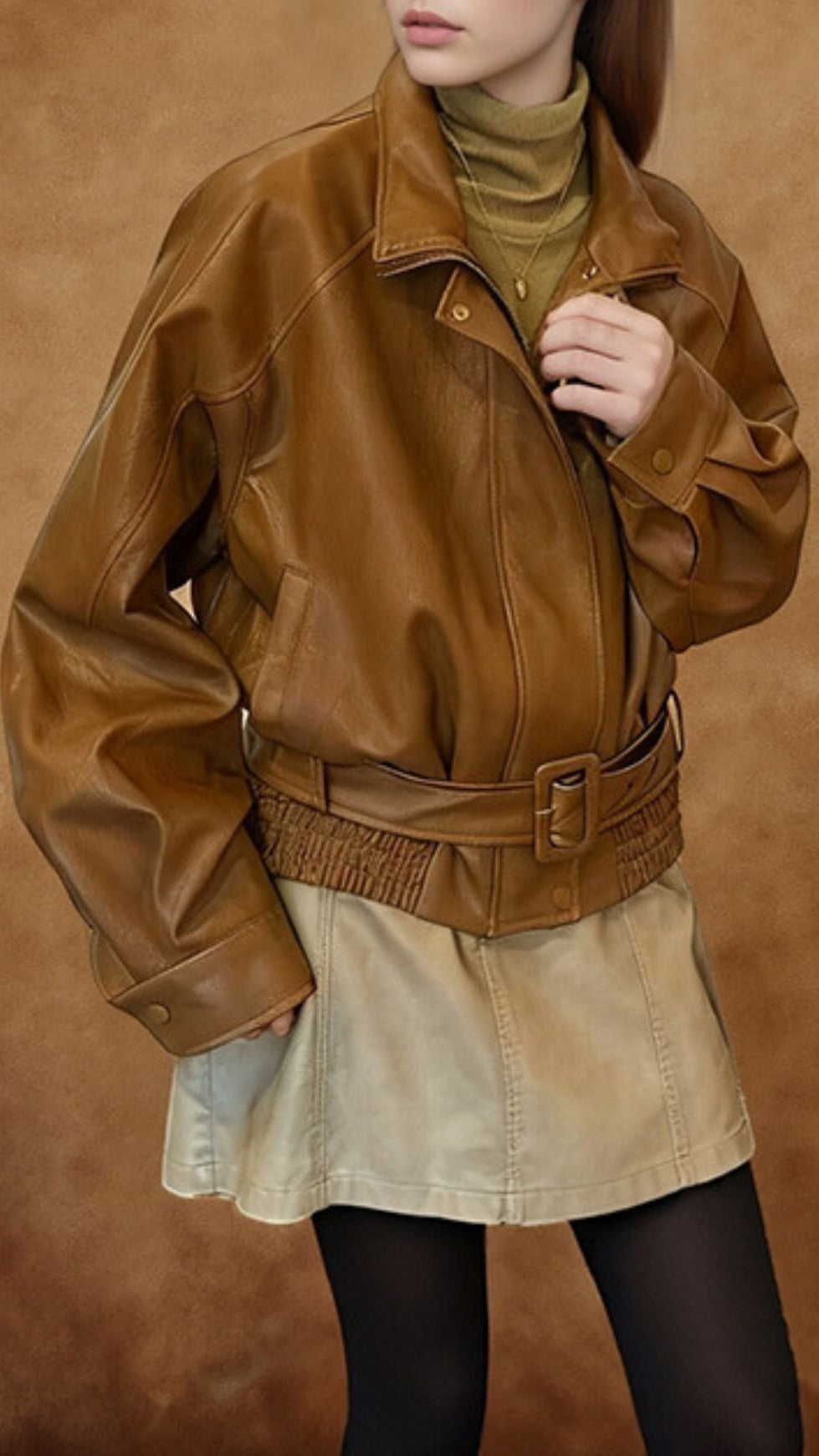 HAILEE LUXE BELTED FAUX LEATHER JACKET - CARAMEL BROWN