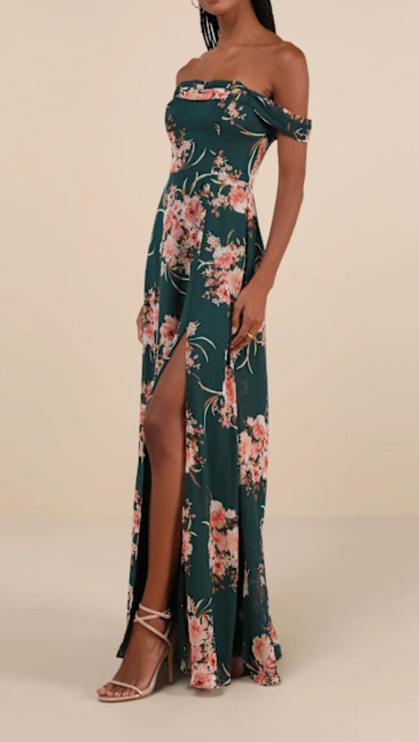 AIIZIE EMERALD GREEN FLORAL OFF-THE-SHOULDER MAXI DRESS - product image