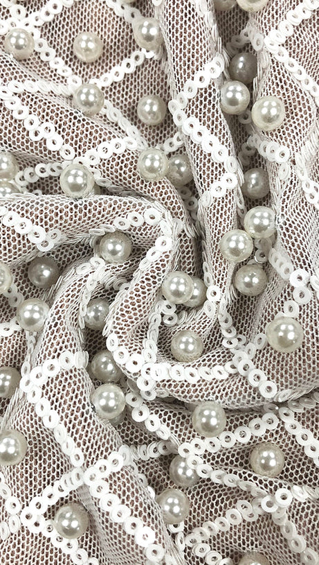 PEARL EMBELLISHED CUT OUT MINI DRESS IN BEIGE