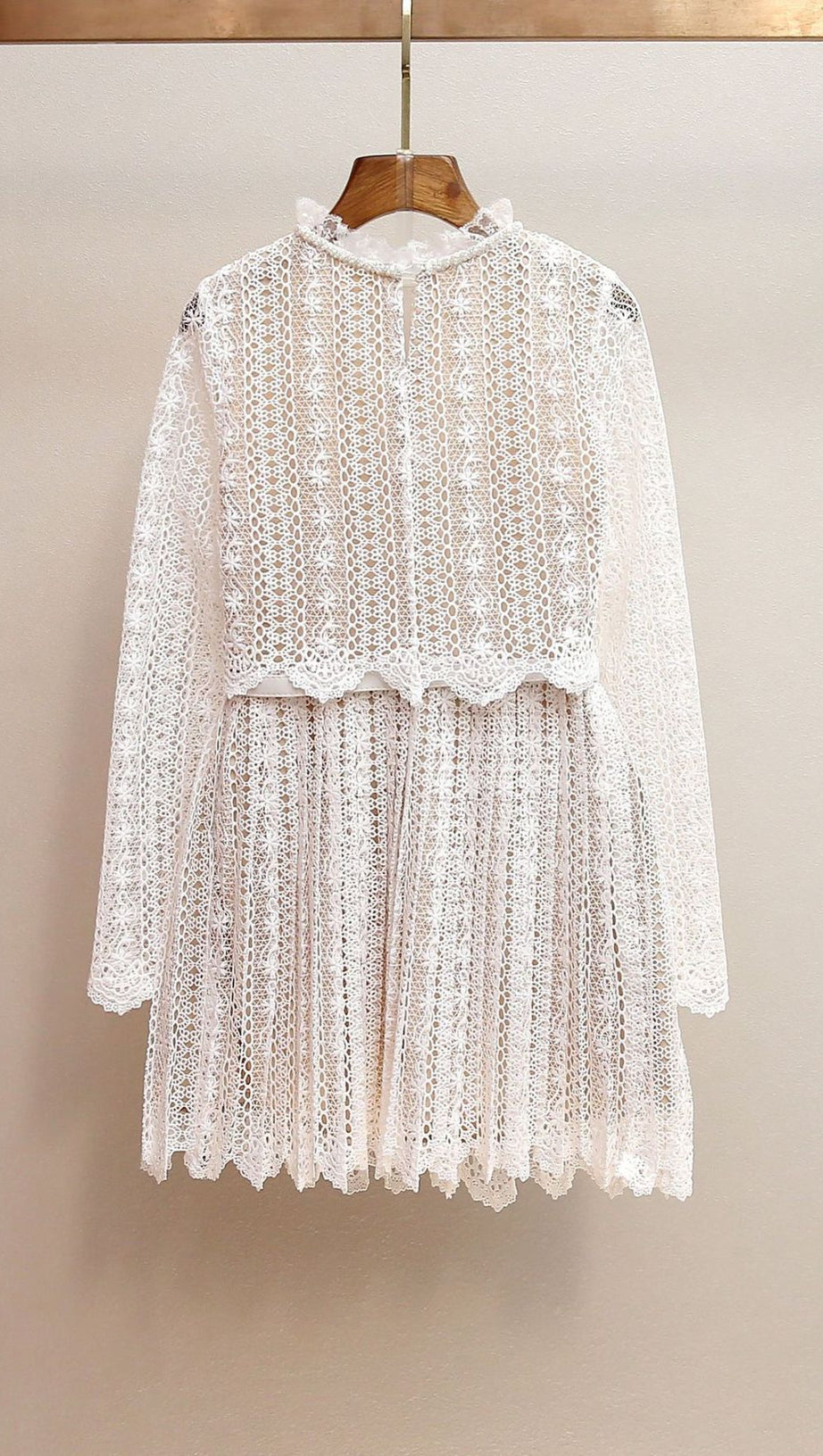 Chic Organza Lace Mini Dress | Ruffled Neck & Scalloped Details