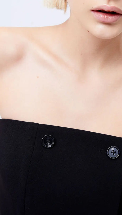 Zweireihiges trägerloses Twill-Minikleid in Schwarz