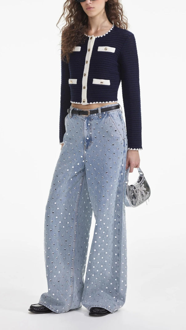 AIIZIE NAVY CROCHET CONTRAST TRIM CARDIGAN - product image