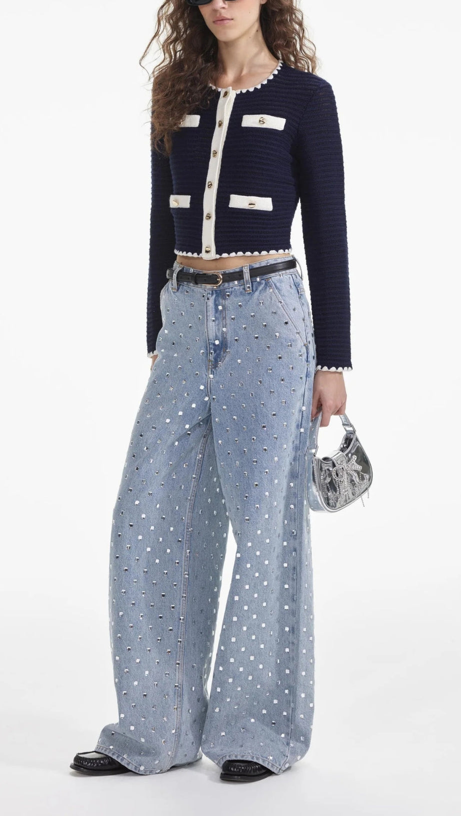 NAVY CROCHET CONTRAST TRIM CARDIGAN