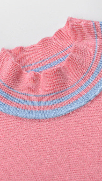 CHIC PINK & BLUE STRIPE MOCK NECK RIBBED KNIT TOP | WOMEN'S SHORT SLEEVE