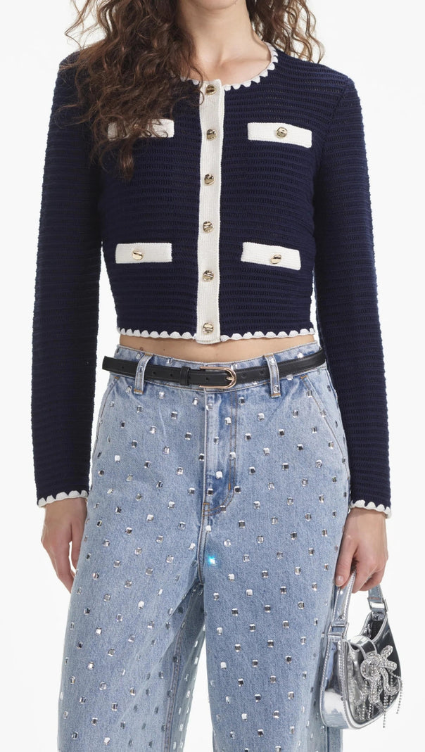AIIZIE NAVY CROCHET CONTRAST TRIM CARDIGAN - product image
