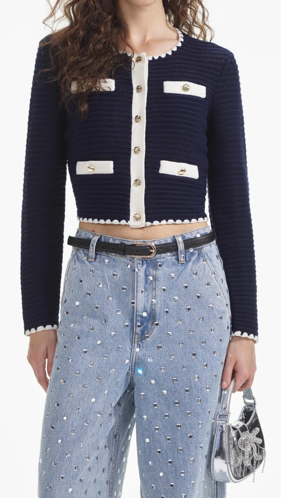 NAVY CROCHET CONTRAST TRIM CARDIGAN