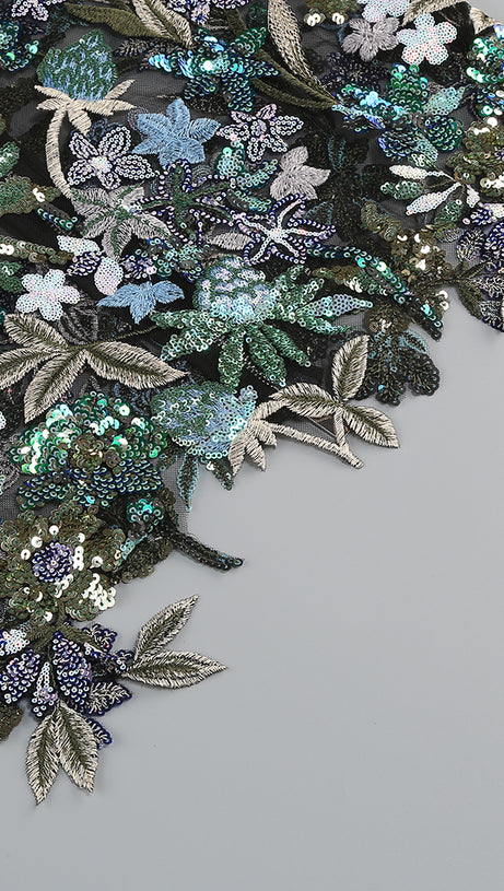 STRAPLESS DAHLIA SEQUINS EMBROIDERED MAXI DRESS GREEN