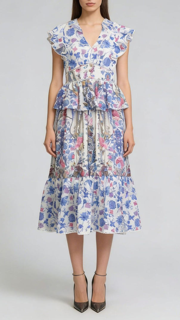 AIIZIE Jamiya Blue Floral Ruffle Midi Dress - Elegant Tiered Peplum Design - product image