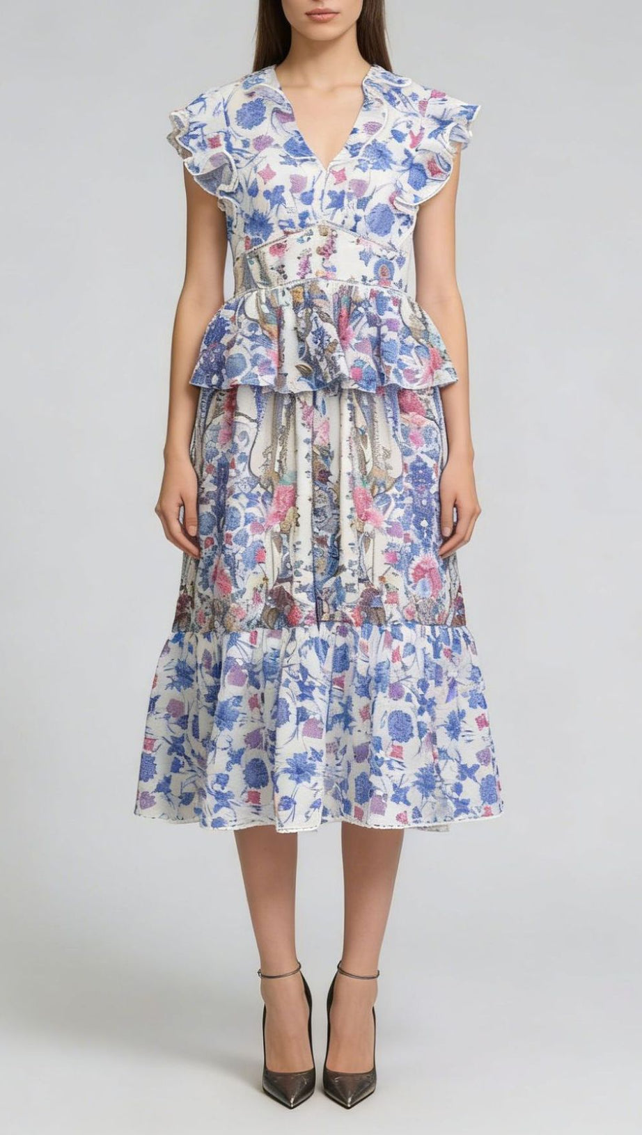 Jamiya Blue Floral Ruffle Midi Dress - Elegant Tiered Peplum Design