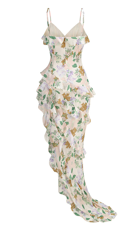 ASYMMETRICAL RUFFLED FLORAL DRAPED MAXI DRESS IN BEIGE
