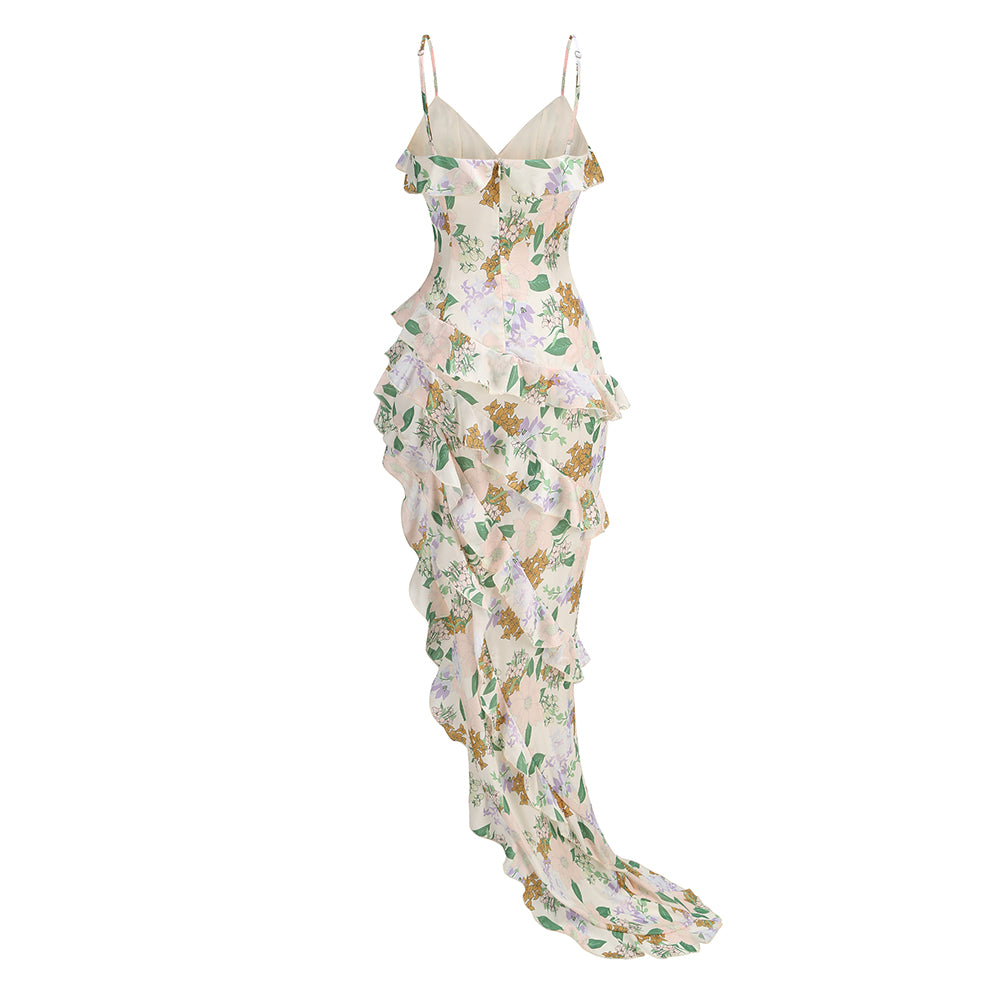 AIIZIE ASYMMETRICAL RUFFLED FLORAL DRAPED MAXI DRESS IN BEIGE - product image