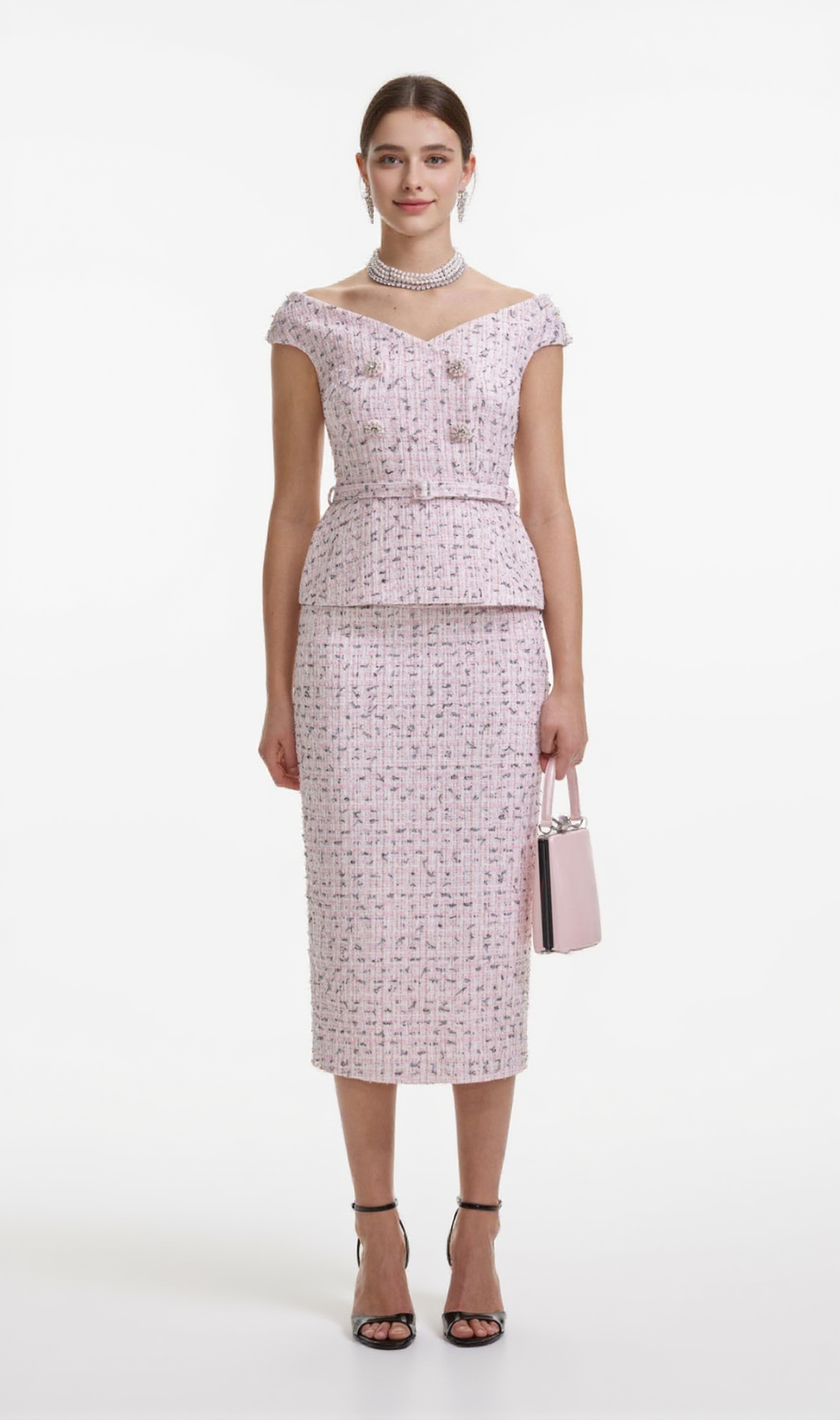 Pink Boucle Pearl Midi Dress