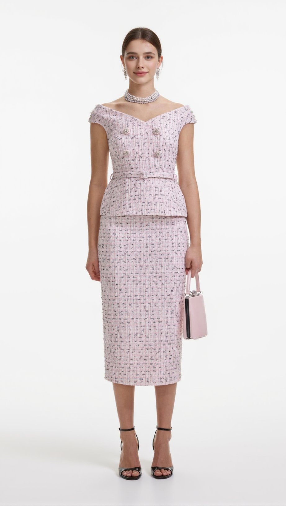 PINK BOUCLE PEARL MIDI DRESS