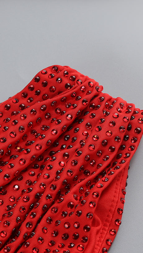 ONE-SHOULDER HOT DIAMOND HOLLOW IRREGULAR SLIT RED MAXI DRESS