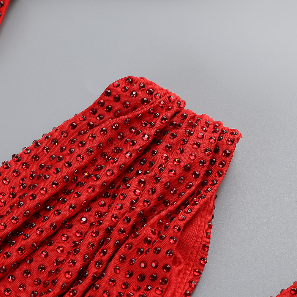 Rotes Maxikleid mit One-Shoulder-Ausschnitt, heißem Diamant-Hohlraum und unregelmäßigem Schlitz 