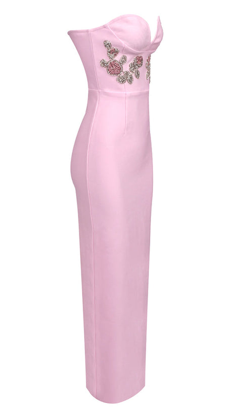 MEROY FLORAL EMBROIDERY STRAPLESS MAXI DRESS IN PINK