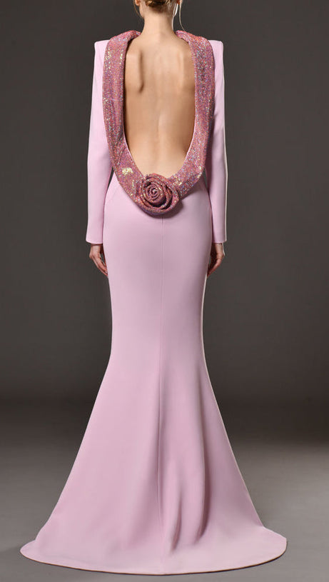 violet Pink crêpe maxi dress with crystal chainmail flower