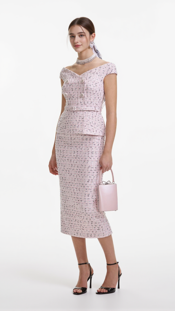AIIZIE PINK BOUCLE PEARL MIDI DRESS - product image