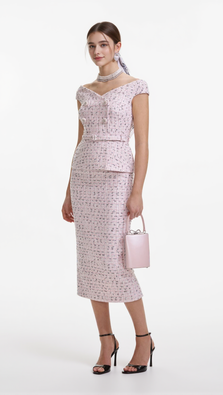PINK BOUCLE PEARL MIDI DRESS