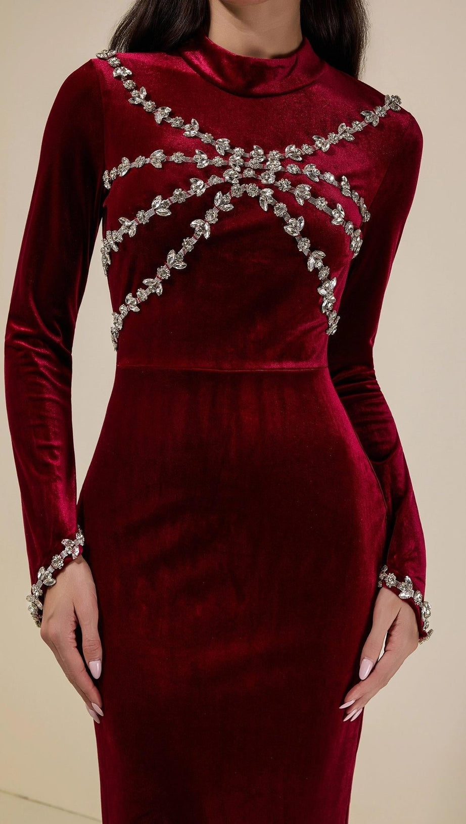 hilary Velvet Rhinestone Long Sleeve Maxi Dress - burgundy