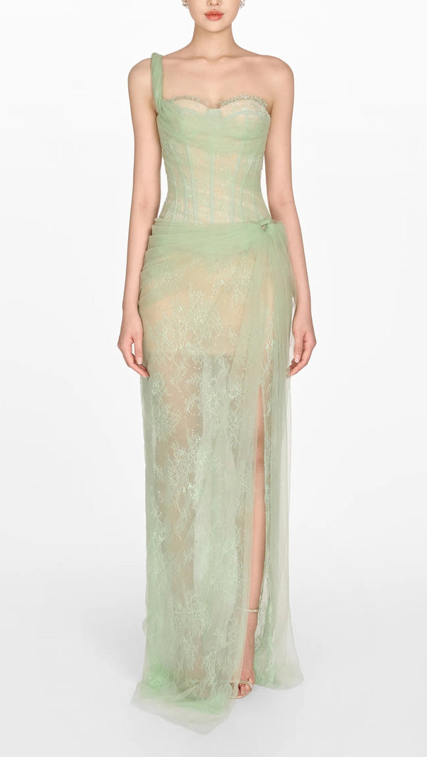 AIIZIE ONE SHOULDER MESH RUCHED MIDI DRESS - product image