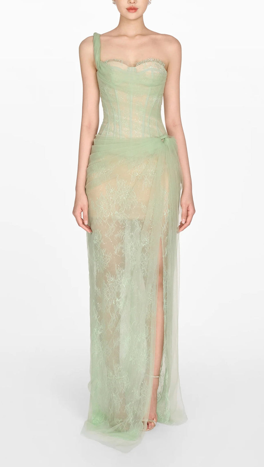 MIDIKLEID AUS MESH MIT RÜSCHEN UND EINER SCHULTER