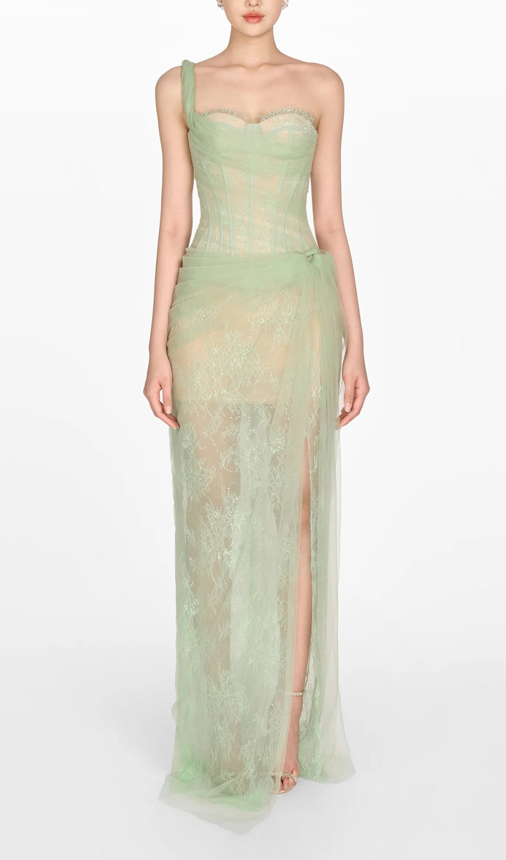 MIDIKLEID AUS MESH MIT RÜSCHEN UND EINER SCHULTER