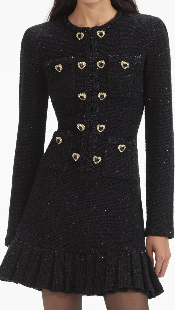 AIIZIE BLACK BUTTONED LONG SLEEVE KNIT MINI DRESS - product image