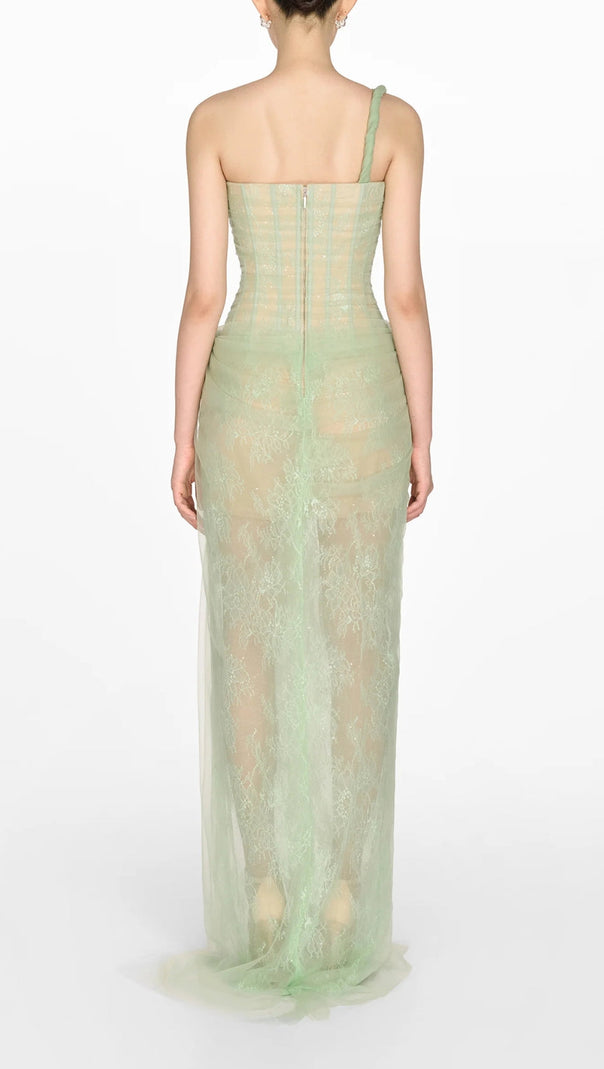 AIIZIE ONE SHOULDER MESH RUCHED MIDI DRESS - product image