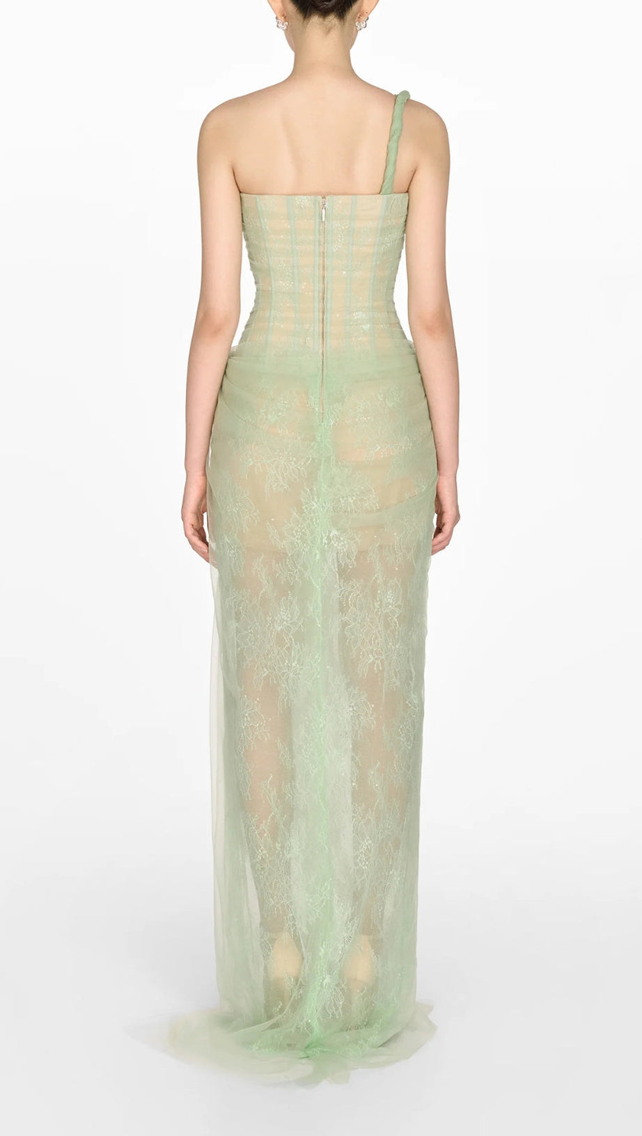 MIDIKLEID AUS MESH MIT RÜSCHEN UND EINER SCHULTER