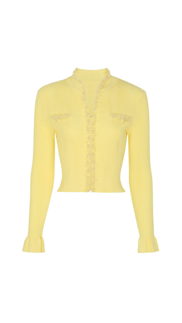 AIIZIE Buttery Yellow Ribbed Knit Cardigan & Mini Skirt Set - Chic 2-Piece Outfit - product image