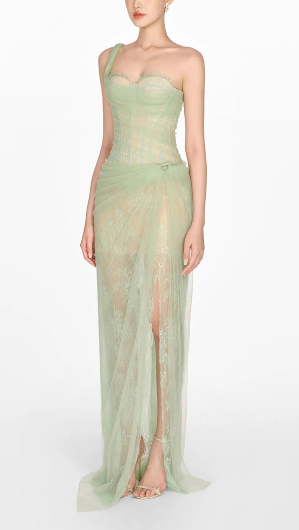 AIIZIE ONE SHOULDER MESH RUCHED MIDI DRESS - product image