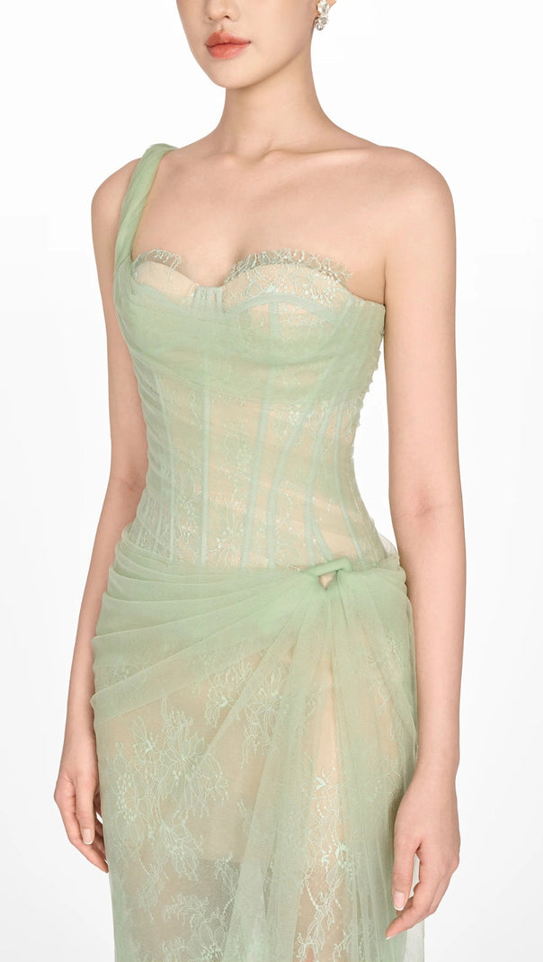 AIIZIE ONE SHOULDER MESH RUCHED MIDI DRESS - product image