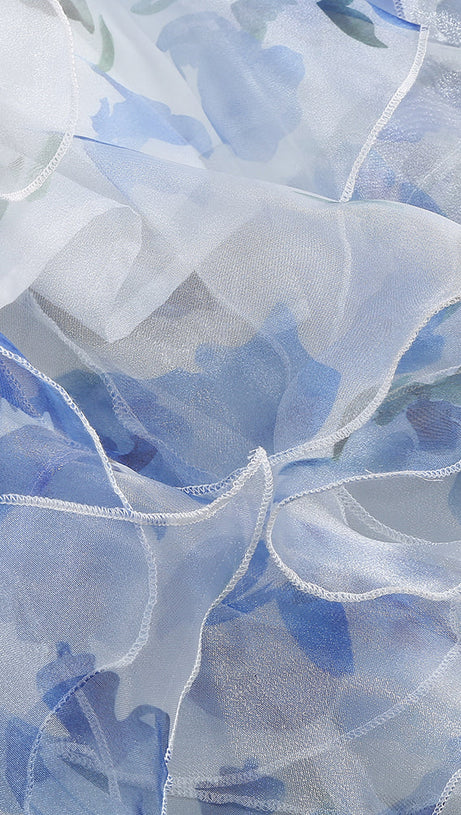 BELINDA BLUE FLORAL VERTICAL RUFFLE TRIM MAXI DRESS