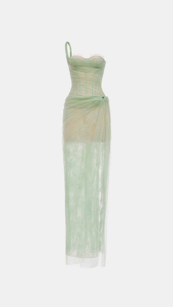 AIIZIE ONE SHOULDER MESH RUCHED MIDI DRESS - product image
