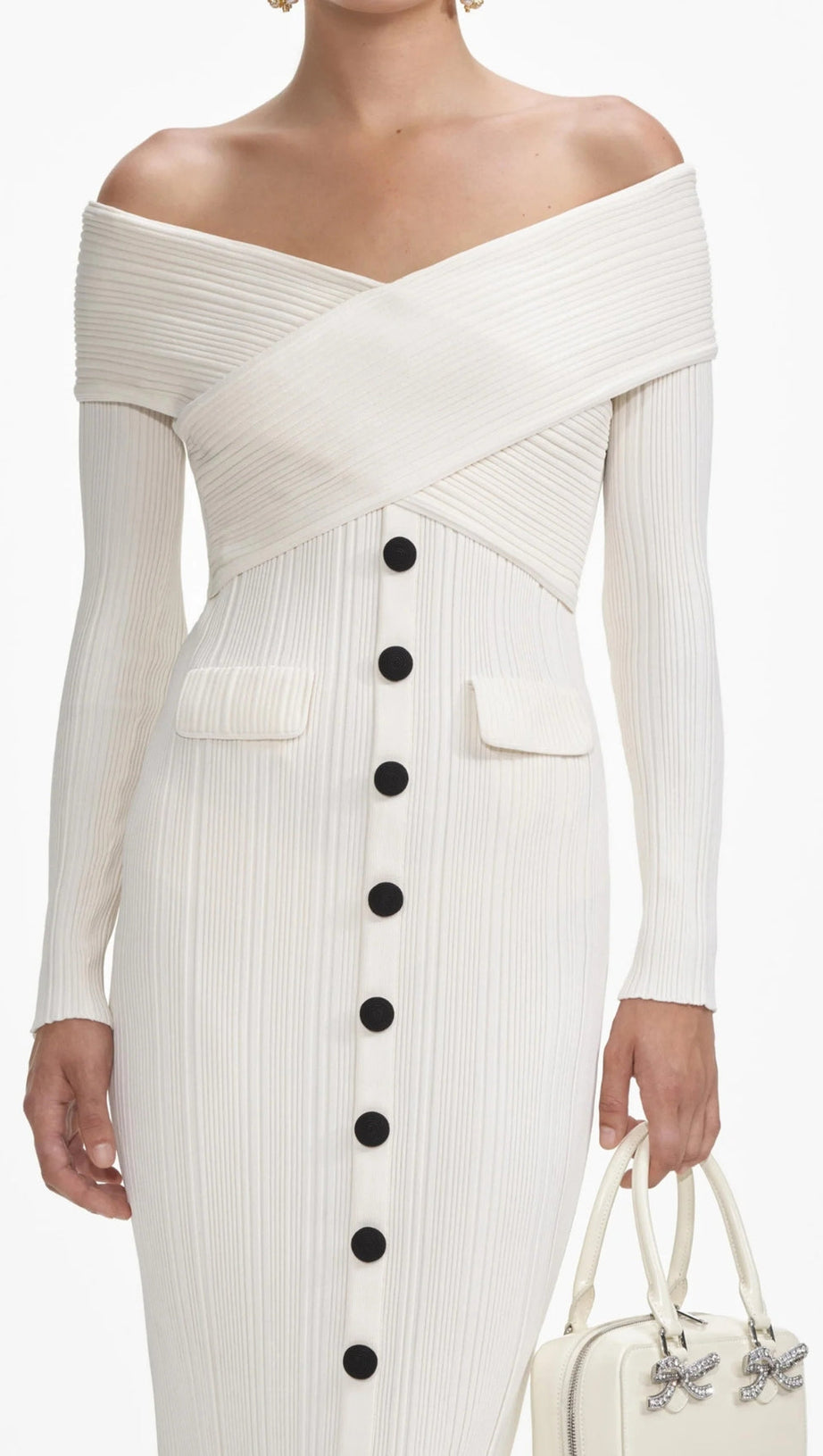 CREAM OFF SHOULDER KNIT MIDI DRESS